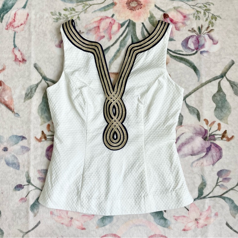 Lilly Pulitzer White Vallie Janice Top with Navy and Gold Embroidery